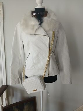 IMAN White Quilted Faux Fur Collar Leather Moto Jacket 3 Piece Set